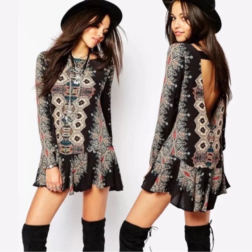 FREE PEOPLE Smooth Talker Tunic Dress Drop Waist Open Back Size Large - Picture 1 of 7